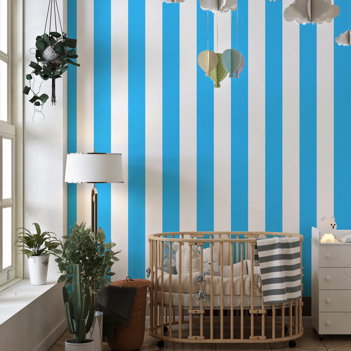 Papier peint chambre enfant | Rayures bleues et blanches