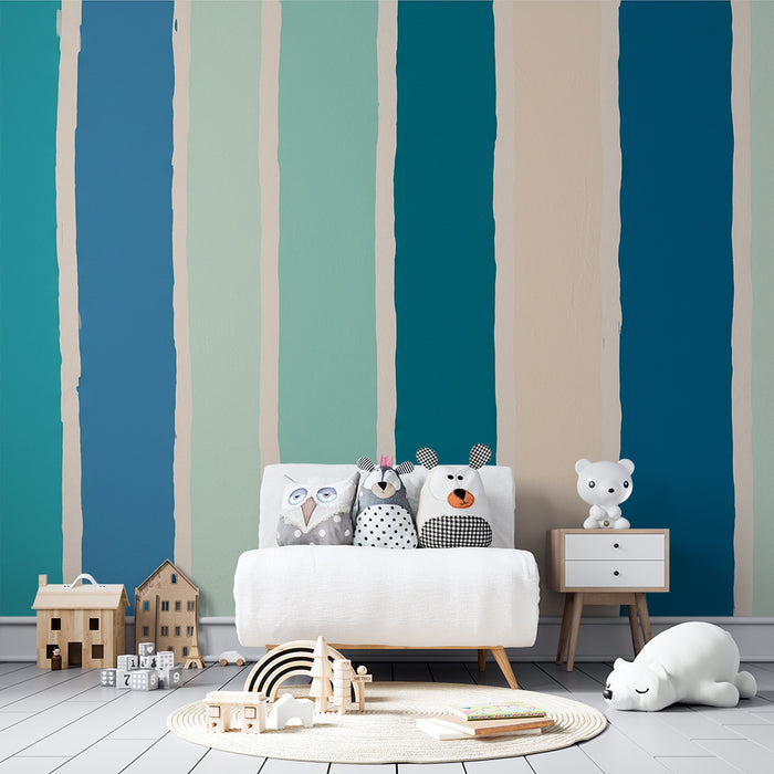 Papel de parede criança | Listras coloridas em tons de azul e verde