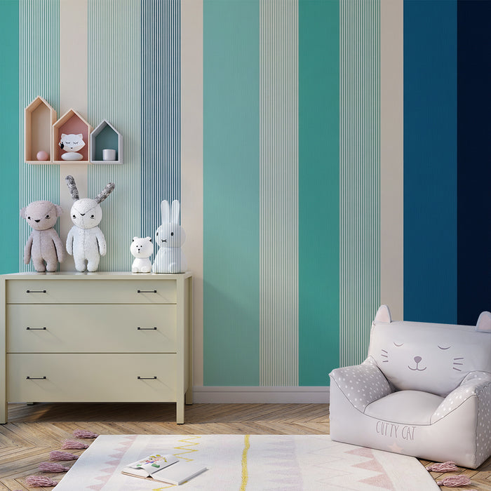 Kids' Room Wallpaper | Elegant Stripes in Shades of Blue and Green