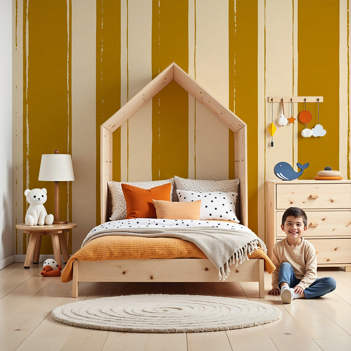Papier peint chambre enfant | Rayures modernes en tons moutarde et crème