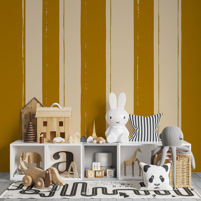 Papier peint chambre enfant | Rayures modernes en tons moutarde et crème