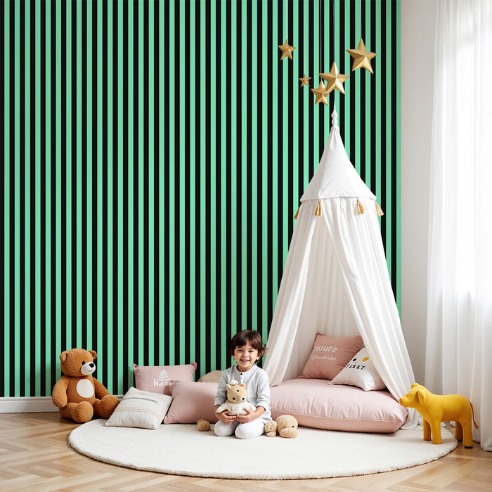 Carta da parati bambini | Righe moderne in turchese e nero