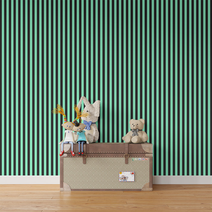 Carta da parati bambini | Righe moderne in turchese e nero
