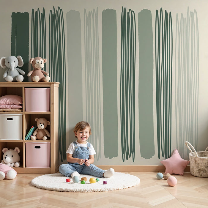 Papel pintado infantil | Rayas modernas en verde y beige