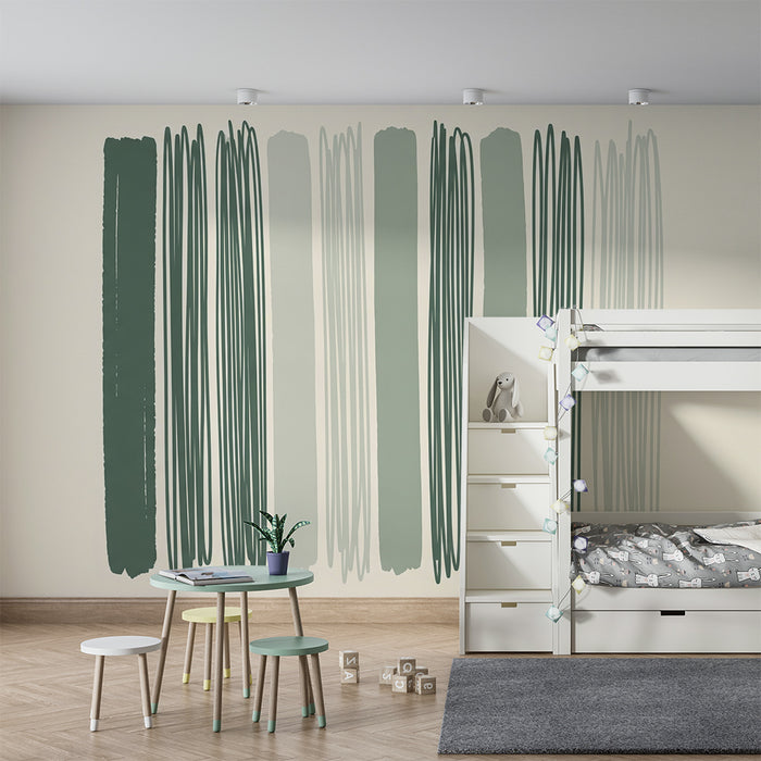 Papel pintado infantil | Rayas modernas en verde y beige
