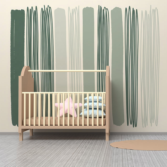 Papel pintado infantil | Rayas modernas en verde y beige