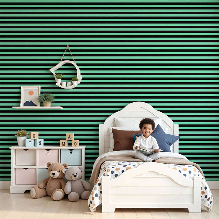 Papier peint chambre enfant | Rayures modernes en vert menthe et noir