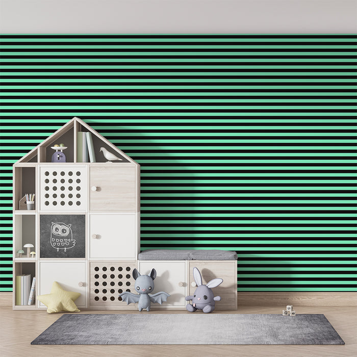 Papier peint chambre enfant | Rayures modernes en vert menthe et noir