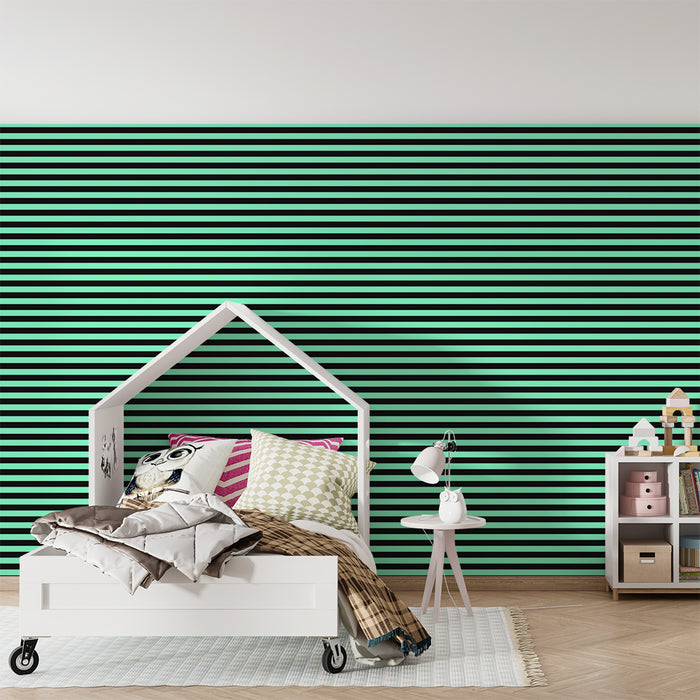 Papier peint chambre enfant | Rayures modernes en vert menthe et noir