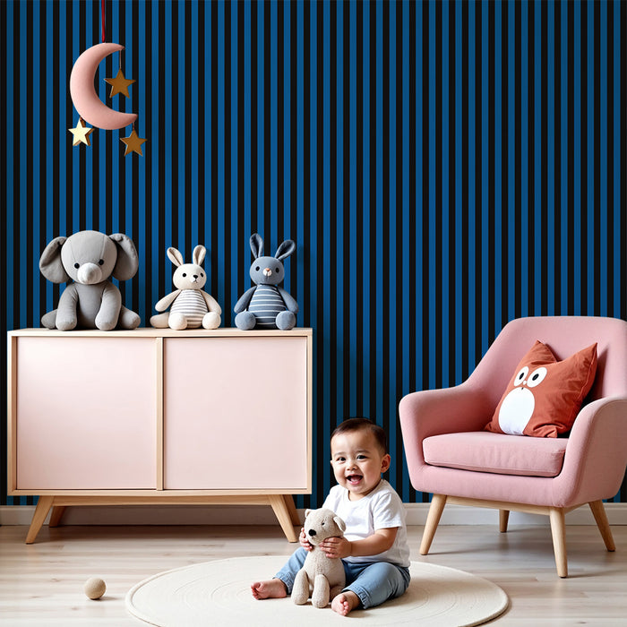 Kids room wallpaper | Modern vertical stripes in blue and black