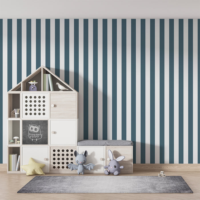 Papier peint chambre enfant | Rayures verticales bleu marine et blanc