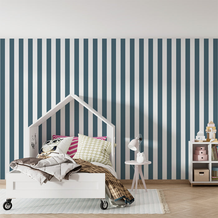 Papier peint chambre enfant | Rayures verticales bleu marine et blanc