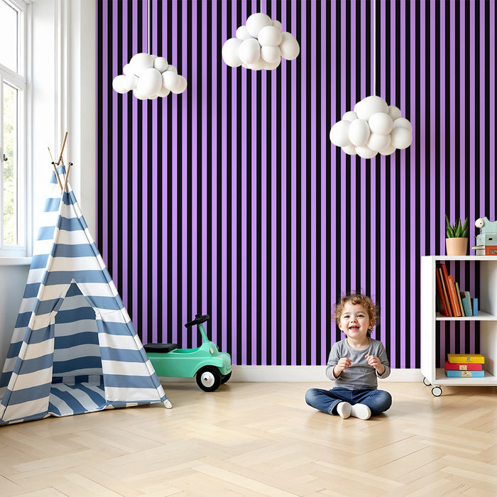 Kids room wallpaper | Vertical purple and black stripes