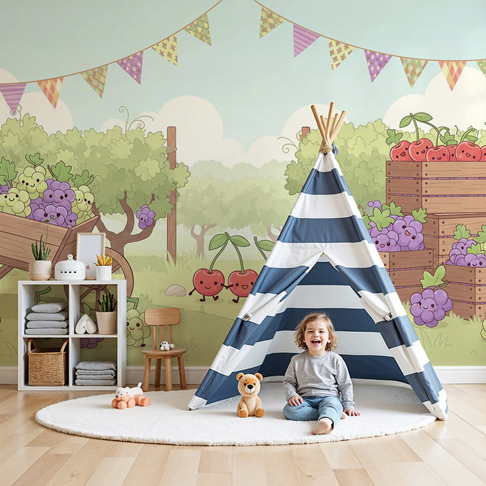 Papel pintado infantil | Alegre cosecha de frutas con uvas y cerezas sonrientes