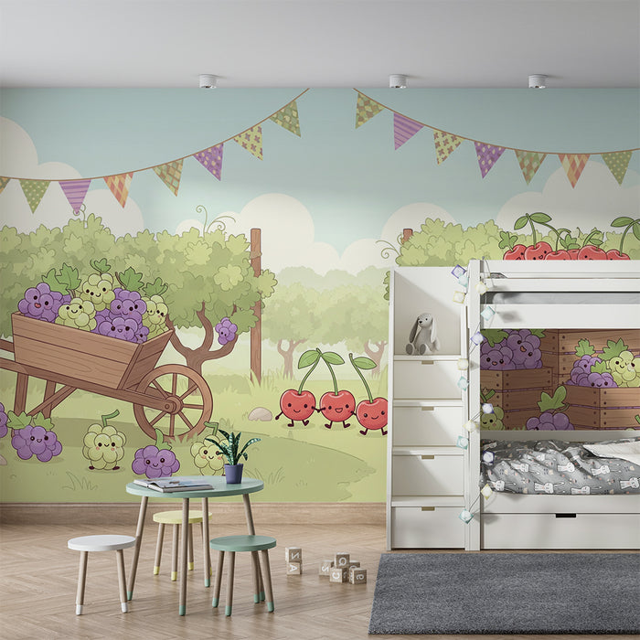 Papel pintado infantil | Alegre cosecha de frutas con uvas y cerezas sonrientes