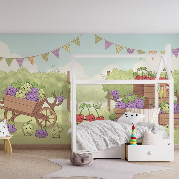 Papel pintado infantil | Alegre cosecha de frutas con uvas y cerezas sonrientes