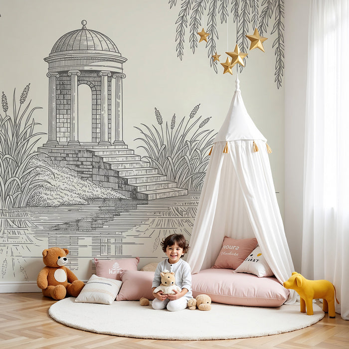 Papel de parede para quarto infantil | Reflexo de um pavilhão num jardim tranquilo