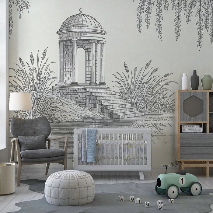 Papel de parede para quarto infantil | Reflexo de um pavilhão num jardim tranquilo
