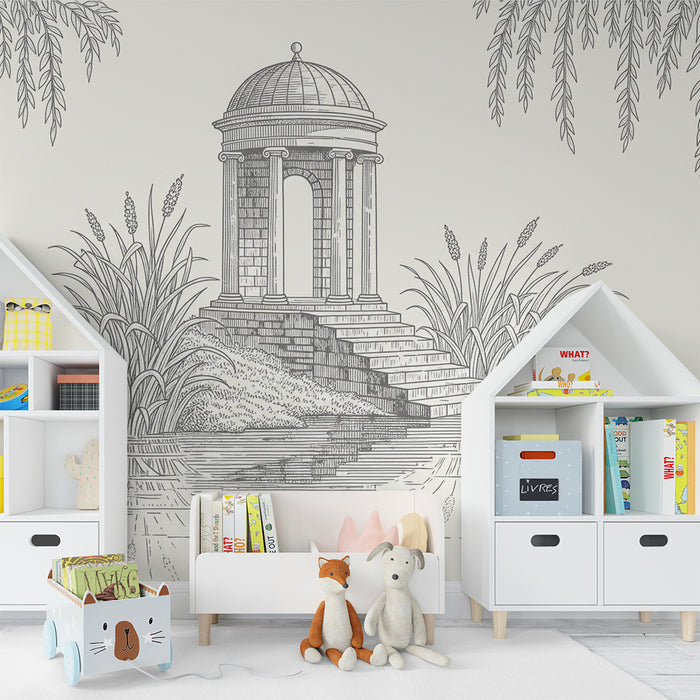 Papel de parede para quarto infantil | Reflexo de um pavilhão num jardim tranquilo