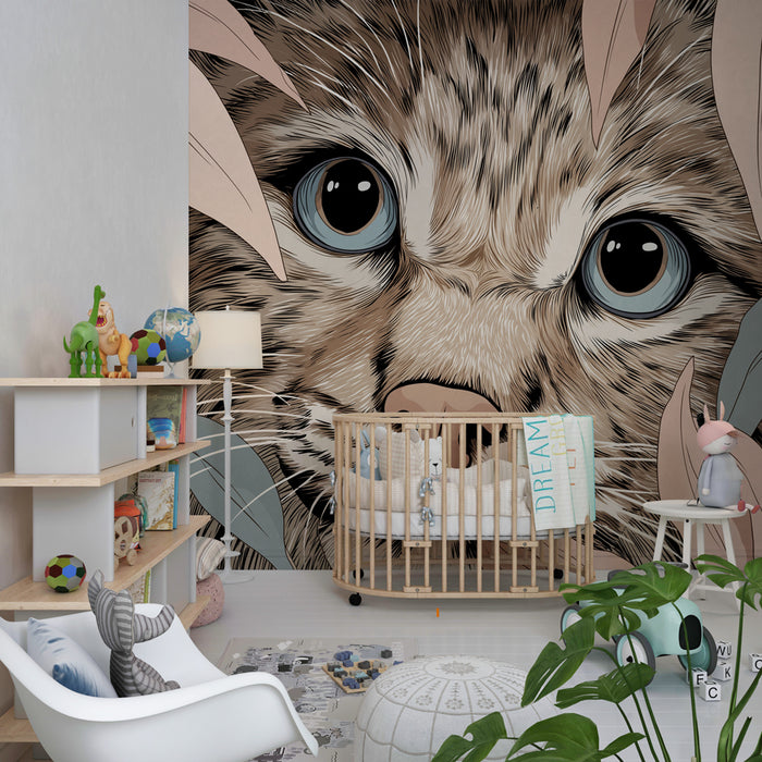 Papier peint chambre enfant | Regard captivant du félin dans la jungle