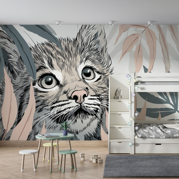Papier peint chambre enfant | Regard curieux d'un chat dans la jungle