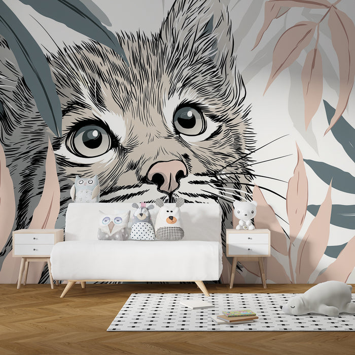 Papier peint chambre enfant | Regard curieux d'un chat dans la jungle