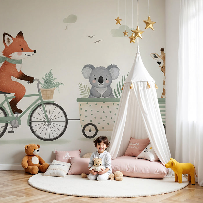 Χαρτί τοίχου παιδικό δωμάτιο | Αλεπού με ποδήλατο με τους φίλους του ζώα σε πολύχρωμα καρότσια