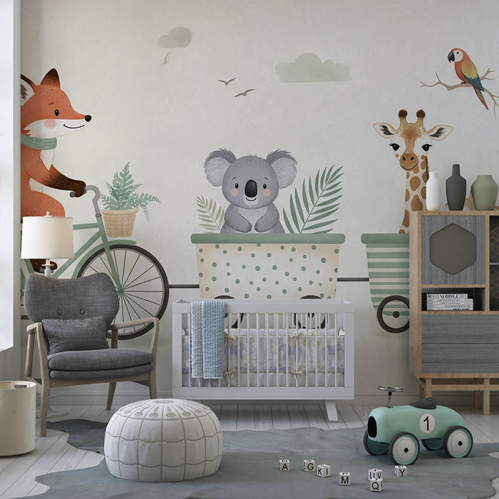 Χαρτί τοίχου παιδικό δωμάτιο | Αλεπού με ποδήλατο με τους φίλους του ζώα σε πολύχρωμα καρότσια