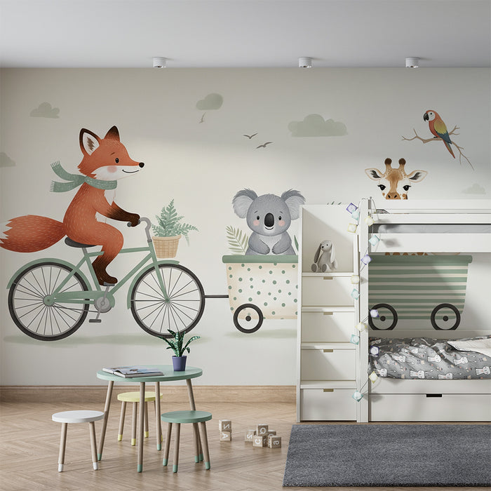 Χαρτί τοίχου παιδικό δωμάτιο | Αλεπού με ποδήλατο με τους φίλους του ζώα σε πολύχρωμα καρότσια