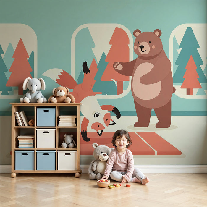 Papel de parede para quarto de criança | Raposa acrobata e urso bondoso numa floresta colorida