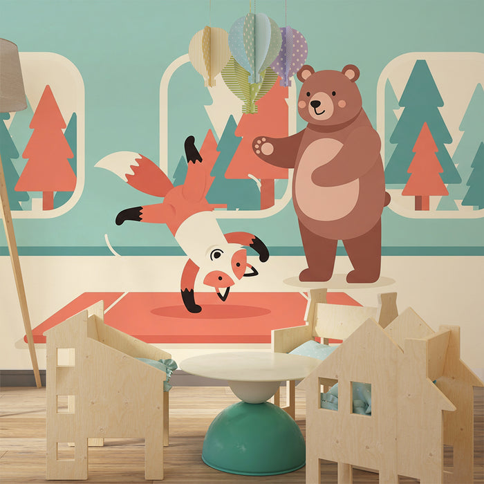 Papel de parede para quarto de criança | Raposa acrobata e urso bondoso numa floresta colorida
