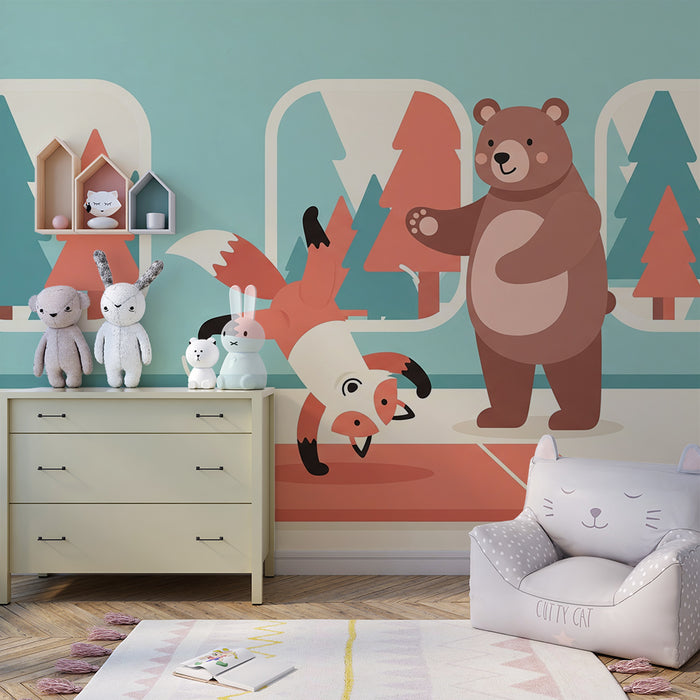 Papel de parede para quarto de criança | Raposa acrobata e urso bondoso numa floresta colorida