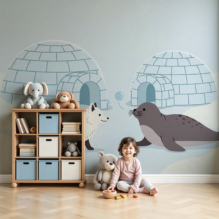Kinderzimmer-Tapete | Arktischer Fuchs und Robbe in verschneiter Landschaft