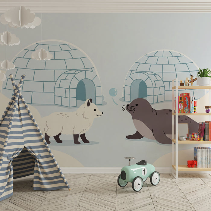 Kinderzimmer-Tapete | Arktischer Fuchs und Robbe in verschneiter Landschaft