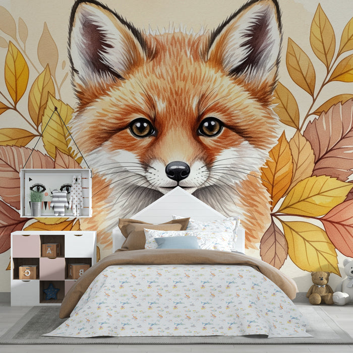 Papier peint chambre enfant | Renard artistique et feuilles d'automne