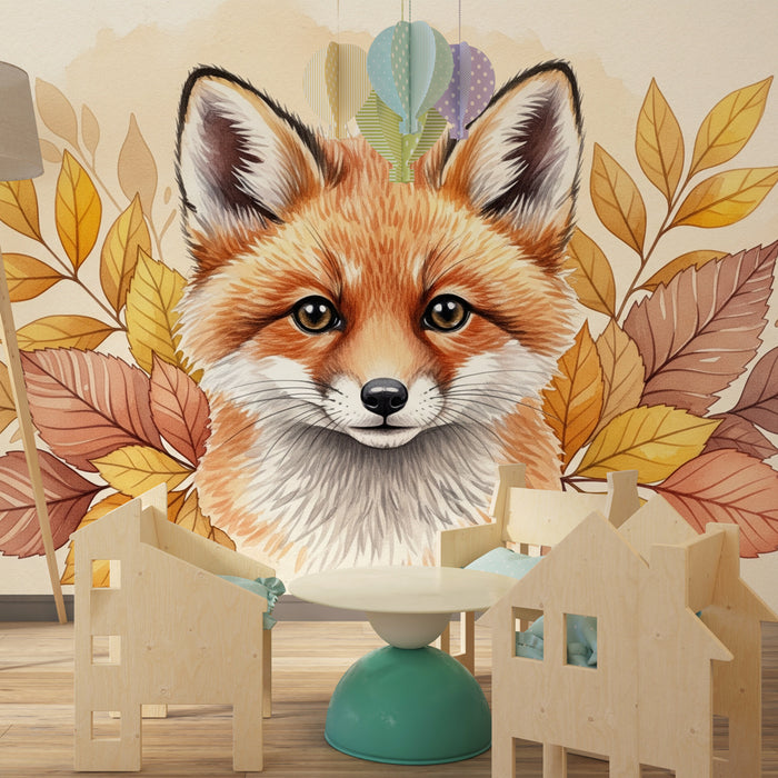 Papier peint chambre enfant | Renard artistique et feuilles d'automne