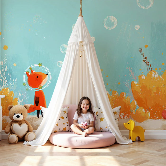 Papel pintado infantil | Zorro astronauta entre burbujas y corales de colores