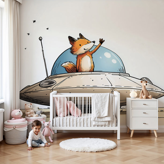 Kids room wallpaper | Fox astronaut in his spaceship