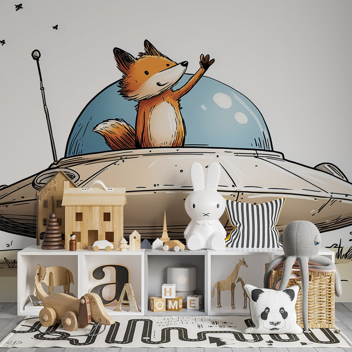 Kids room wallpaper | Fox astronaut in his spaceship