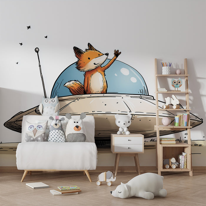 Kids room wallpaper | Fox astronaut in his spaceship