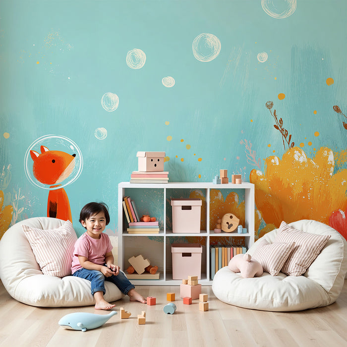 Papier de parede quarto criança | Astronauta da raposa em um mundo subaquático colorido