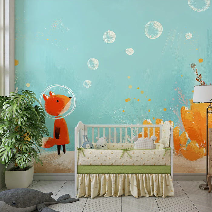 Papier de parede quarto criança | Astronauta da raposa em um mundo subaquático colorido