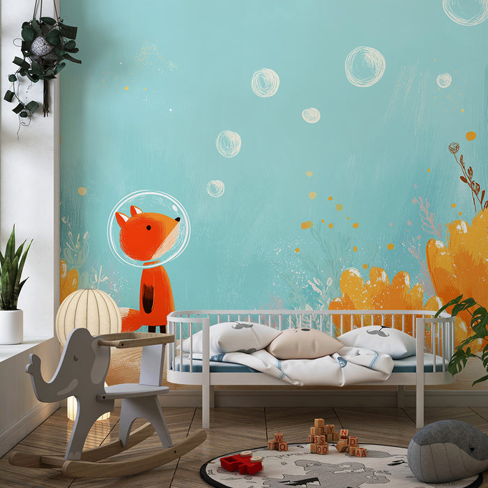 Papier de parede quarto criança | Astronauta da raposa em um mundo subaquático colorido