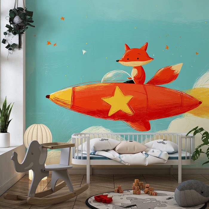 Barnrumspapper | Astronauträv i en färgglad raket