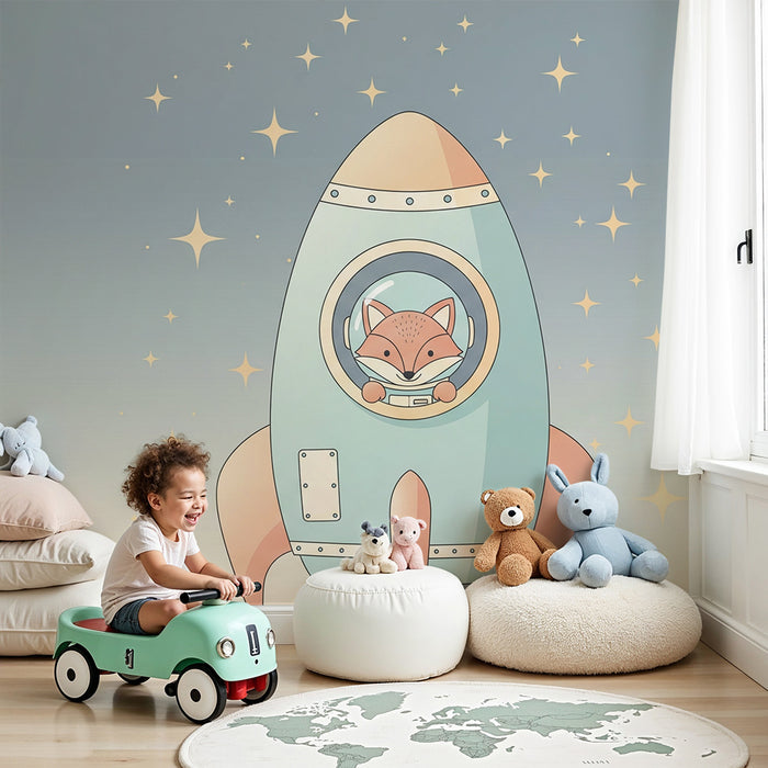 Papier peint chambre enfant | Renard astronaute dans une fusée étoilée