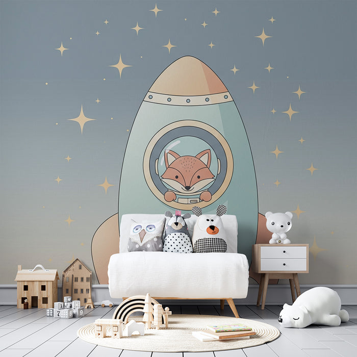 Papier peint chambre enfant | Renard astronaute dans une fusée étoilée