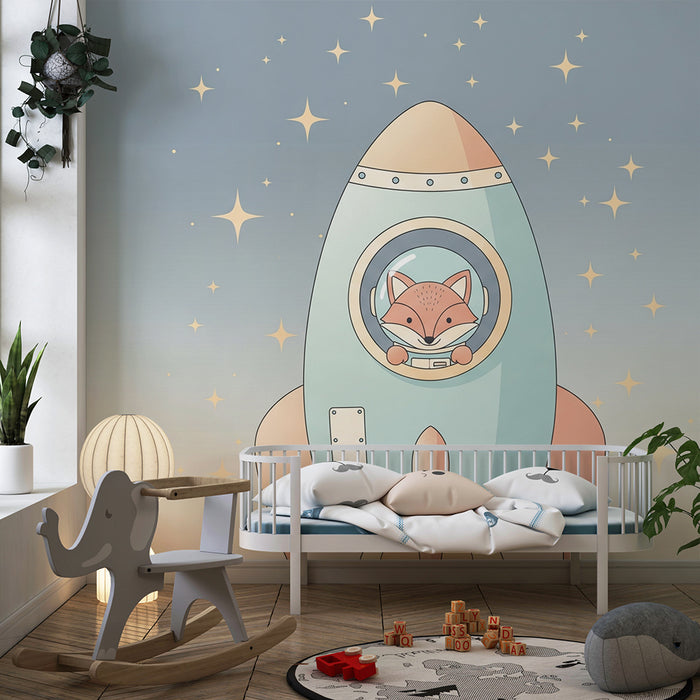 Papier peint chambre enfant | Renard astronaute dans une fusée étoilée