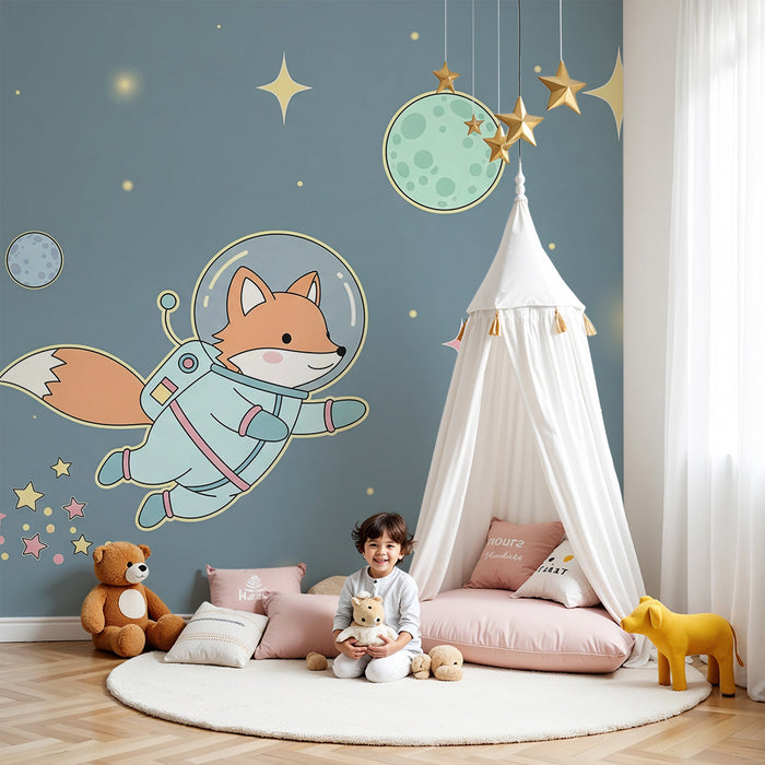 Tapet copii | Vulpe astronaut explorând spațiul colorat