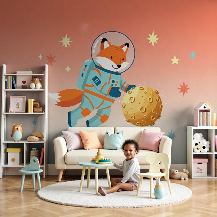 Kinderkamer behang | Vos astronaut die de maan verkent in een sterrenhemel