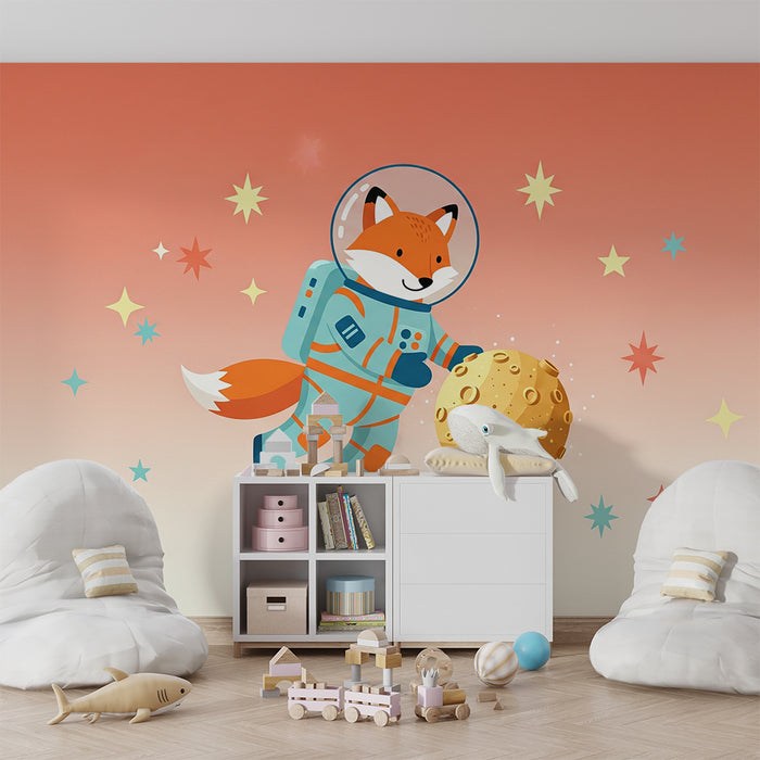 Kinderkamer behang | Vos astronaut die de maan verkent in een sterrenhemel
